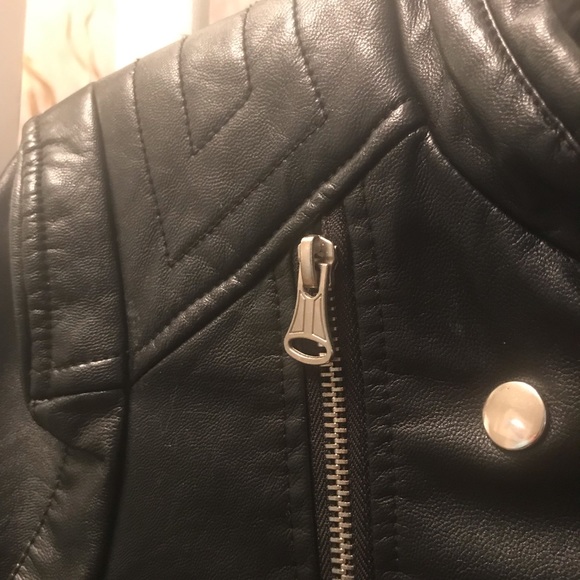 Black Vegan leather bomber jacket w/ polished silver detail.  Size small - Picture 5 of 8